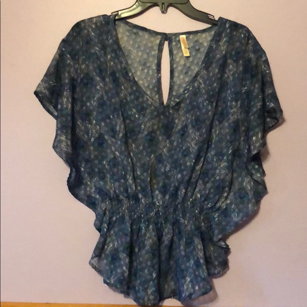 Xhiliration Peacock Feather Sheer Shirt Medium
